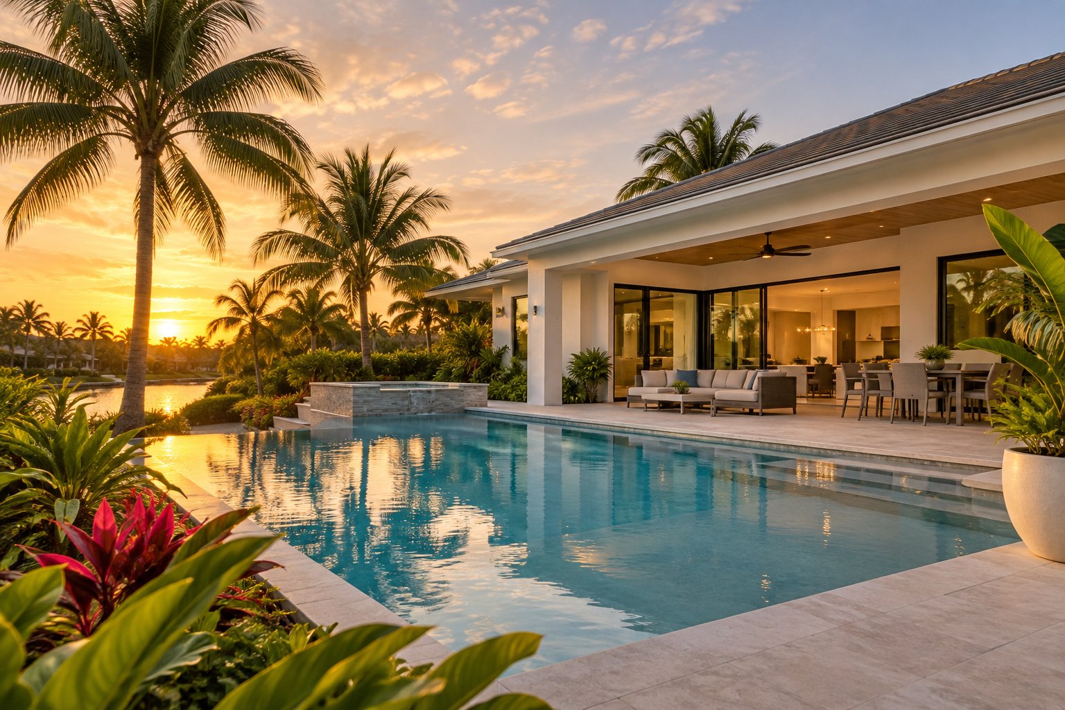 A South Florida home with a pool and palms at golden hour, illustrative