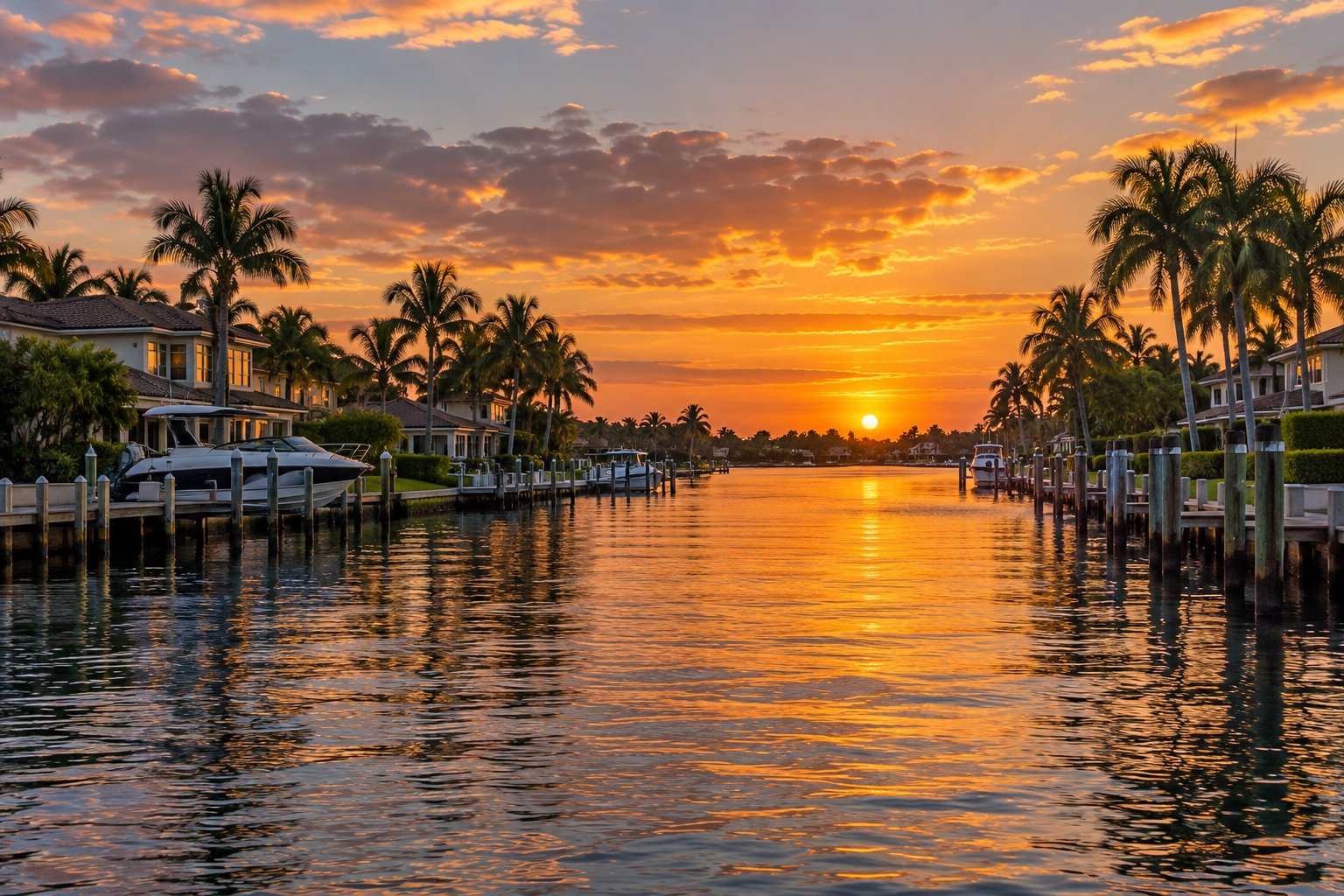 A South Florida waterway at sunset, illustrative