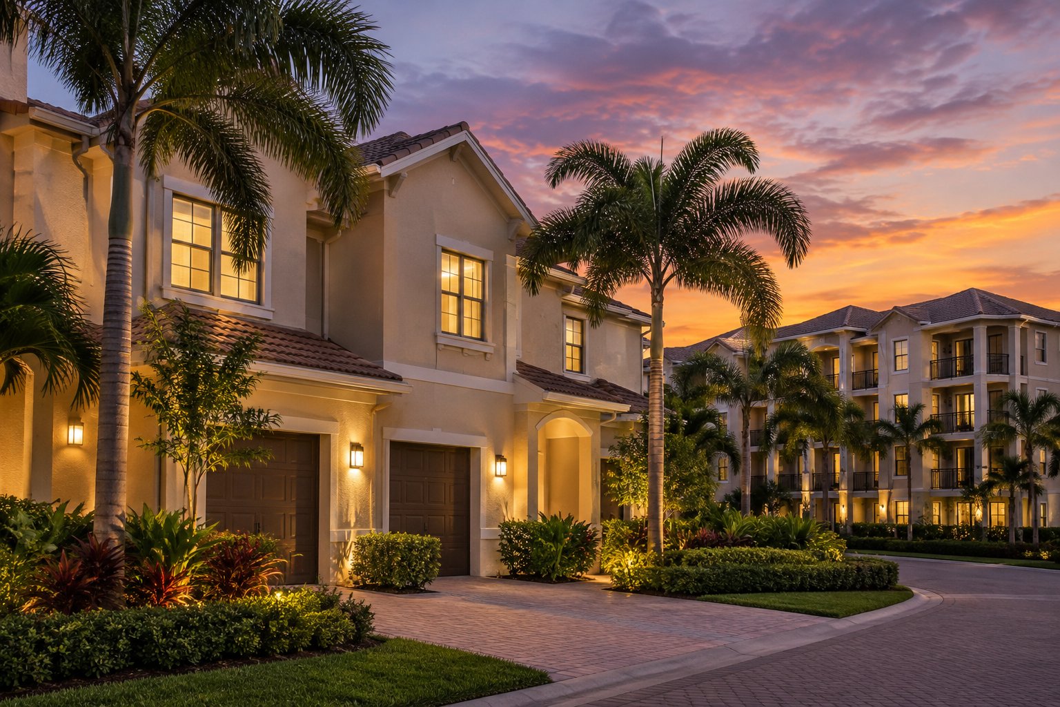 A Miami luxury condominium exterior at dusk, illustrative