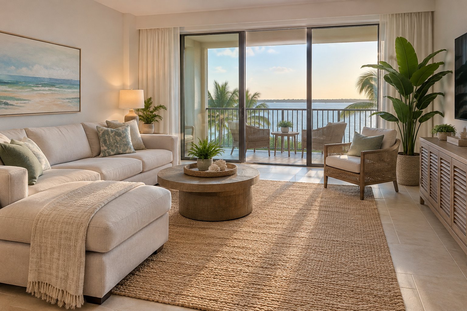 A cozy Miami condominium living room, illustrative